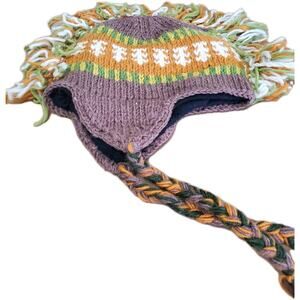 Hand Knit Earflap Beanie Peruvian Hat Fleece Lining Braided Tassels Mohawk Brown
